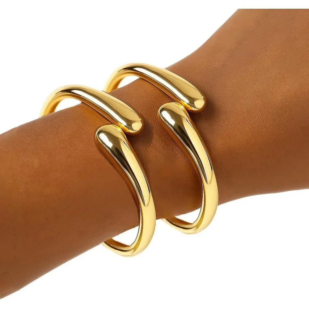 Gold 2 Pc Bangle Bracelets for Women and Teens Adjustable Chunky Twist Cuff - Picture 3 of 7